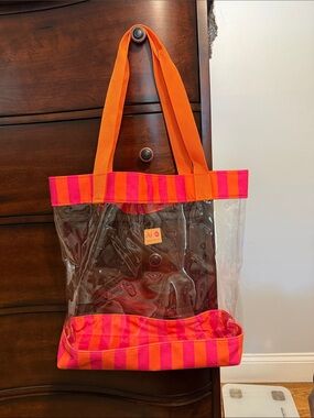 Makeup Junkie Clear Tote with Pink and Orange Stripe Trim and Orange Handles